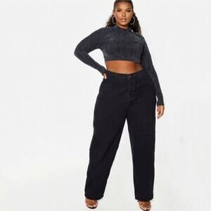 Pretty Little Thing Plus Women's High Rise Black Wide Leg Jeans Size 16